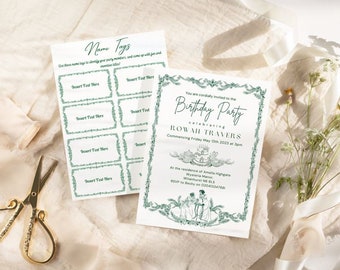 Invitación de cumpleaños con temática Regencia con obras de arte únicas dibujadas a mano para una celebración elegante y con clase de su ocasión especial.