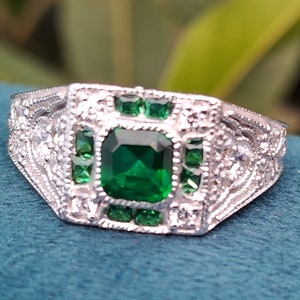 Unique Art deco style Green emerald & Old mine cut CZ Engagement Ring in 925 Sterling Silver | Personalized gifts for Her | Proposal rings.