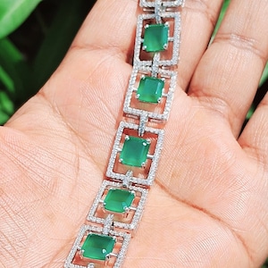 7.98 CTW Green Emerald & simulated diamond Art Deco style Bracelet | Fancy cut shaped diamond Bracelet | Best wedding anniversary Gifts.