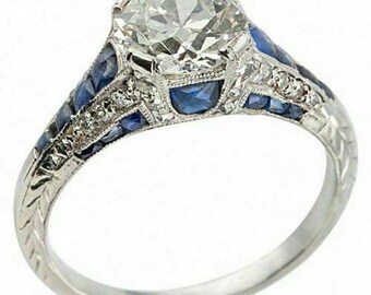 Art Deco 2.50CT Round Lab-Created Diamond & Blue Sapphire Engagement Ring in 925 Sterling Silver, Unique art deco Ring, Wedding Ring for her