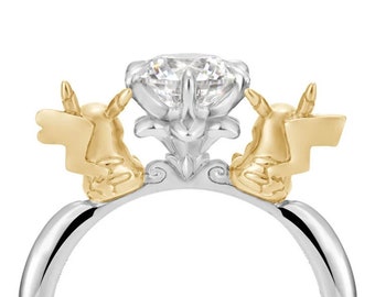 925 Sterling Silver 1.50 CT Round cut Diamond Ring | Anime Inspired Pickachu Ring for Her | Cartoon lover Ring | Two toned Engagement Ring.