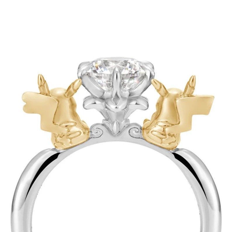 925 Sterling Silver 1.50 CT Round cut Diamond Ring | Anime Inspired Pickachu Ring for Her | Cartoon lover Ring | Two toned Engagement Ring.