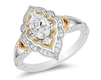 Enchanted Disney 1.50 CT Oval cut Diamond Arabesque Frame 925 Sterling Silver Engagement Ring , Two toned wedding anniversary Ring for her