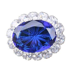 Halo Old Mine Cut Lab-Created 4.62 CT Diamonds & Blue 75 C.T Sapphire Brooch Pin in 925 Sterling Silver | Cluster style costume Brooch pin
