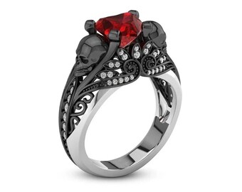 1.50 Ct Heart Cut Garnet & Lab Created Diamond Black Skull Lotus Engagement Ring in 925 Sterling Silver, Two toned wedding anniversary Ring.