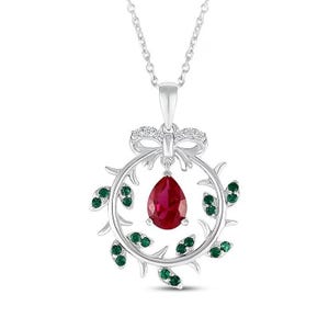 Pear-Shaped Lab-Created Ruby & Emerald / White Lab-Created Sapphire Wreath Necklace 925 Sterling Silver |