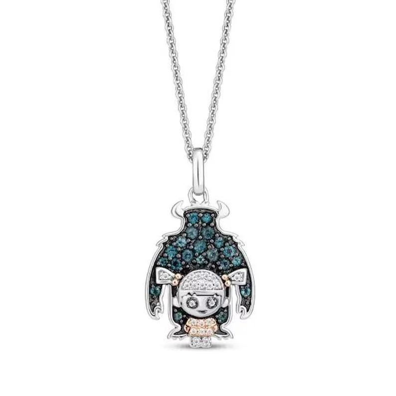 Disney Treasures Monsters, Boo & Sulley Multi-Stein-Halskette Sterlingsilber mit Blautopas | Amethyst und Diamant Einzigartige Anhänger für sie.
