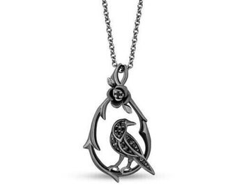Enchanted Disney Villains Maleficent 1/8 Ct Raven Rose Vine Pendant 925 Sterling Silver , Black Onyx Silver Pendant , Birthday Gifts