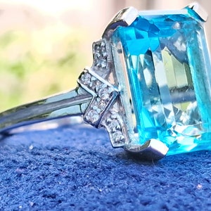 Art Deco style 9.50 CT Emerald cut Aquamarine & Diamond Engagement Ring in 925 sterling Silver | Aqua color stone wedding ring for women
