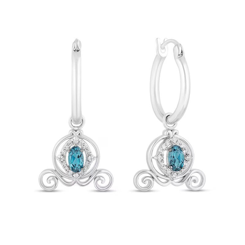Enchanted Disney Cinderella Blue Topaz and 1/8 CT. T.W. Diamond Carriage Dangle Hoop Earrings in 925 Sterling Silver