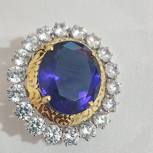 Queen Elizabeth Inspired Oval cut Sapphire & Cz Halo Brooch pin in 925 Silver | Art Deco Luxury Costume jewelry for women