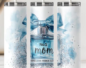 Muttertag Tumbler Wrap, No.1 Mom Blue Parfümflasche PNG, eleganter Glitter Tumbler Sublimation Digitaler Download für 20oz Skinny Tumbler