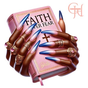 May include: A digital illustration of hands with long, blue and pink ombre nails, adorned with gold rings holding a pink book. The book has the words "FAITH OVER FEAR" and a cross on the cover. The illustration has a white background.