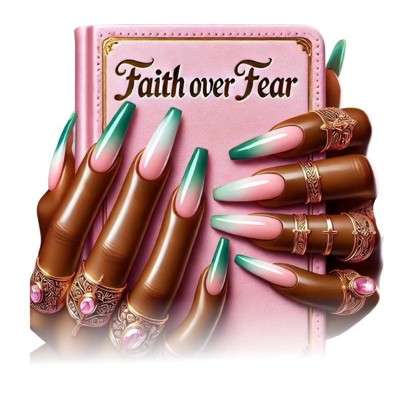May include: An artistic rendering of a hand with long, brown nails adorned with a gradient of pink, white, and green. The nails are embellished with gold rings featuring pink gemstones. The hand is holding a pink book with the text "Faith over Fear".