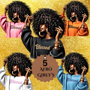 Könnte beinhalten: Digitale Illustration mit fünf Frauen mit voluminösen Locken, Goldschmuck und dem Wort "Blessed" auf ihren Sweatshirts. Die Sweatshirts sind in Pink, Schwarz, Orange, Weiß und Blau gehalten. Ein braunes Etikett zeigt "5 AFRO GIRLY'S."