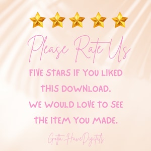Op de afbeelding: Digitale afbeelding met een zachte roze achtergrond en gouden sterren. De tekst luidt "Please Rate Us" en moedigt een vijfsterrenbeoordeling aan. Er wordt ook gevraagd om het gemaakte item te zien.