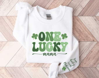 One Lucky Mama St Patrick's Day Sweatshirt, Custom Mama Sweatshirt With Kid Name On Sleeve, Mama Shamrock Sweater, Mom St Pattys Day Outfit