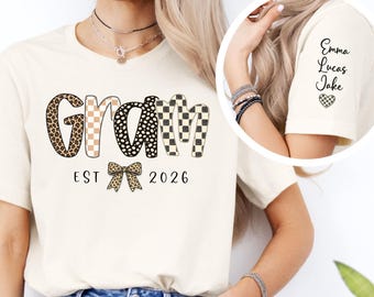 Custom Gram Shirt With Grandkids Names On Sleeve, Gram Est Shirt, Personalized Gram TShirt, Mothers Day Gift For New Grandma, Grandma Gifts