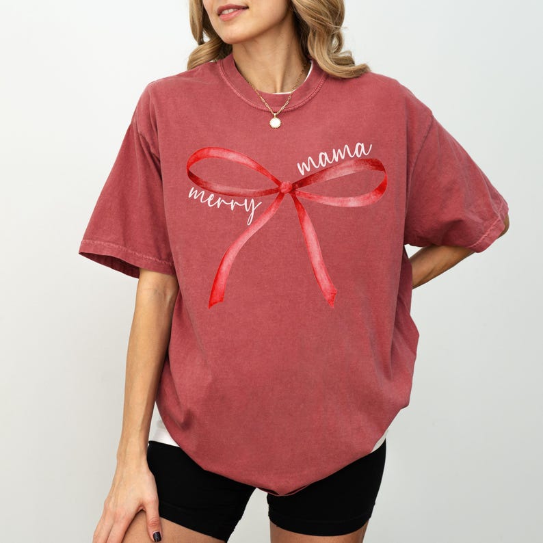 Comfort Colors® Merry Mama Shirt,Red Bow Mama Tshirt,Mama Christmas Bow TShirt,Christmas Mama Gifts,Christmas Gift For Mama, Mama Tee Crimson