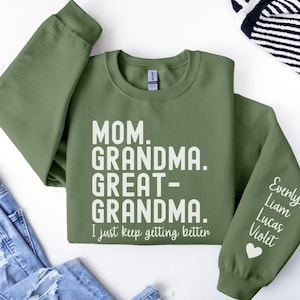 Mom Grandma Great Grandma Sweatshirt,Personalized Grandma Sweatshirt With Grandkids Names On Sleeve,Pregnancy Announcement,Mother&#39;s Day Gift