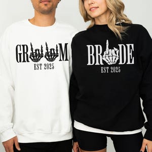 Bride Groom Skeleton Hand Halloween Sweatshirt,Custom Goth Wedding Sweatshirts,Gothic Bride and Groom Matching Gift,Newly Married Sweatshirt