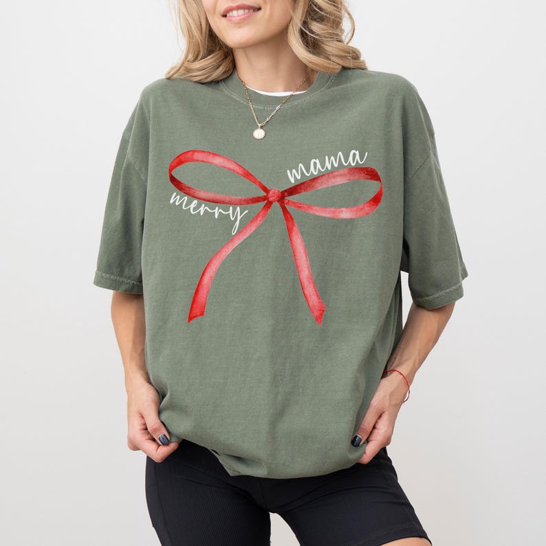 Comfort Colors® Merry Mama Shirt,Red Bow Mama Tshirt,Mama Christmas Bow TShirt,Christmas Mama Gifts,Christmas Gift For Mama, Mama Tee Moss
