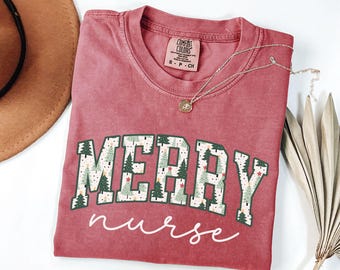 Comfort Colors® Merry Nurse Shirt, Nurse Christmas Shirt, Nurse Holiday Shirt, Nurse Practitioner Christmas Gift, Registered Nurse Shirt