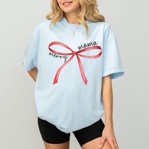 Comfort Colors® Merry Mama Shirt,Red Bow Mama Tshirt,Mama Christmas Bow TShirt,Christmas Mama Gifts,Christmas Gift For Mama, Mama Tee Chambray