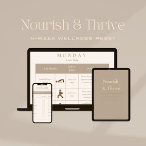 May include: A laptop, tablet, and smartphone display a wellness program. The laptop screen shows a workout plan with exercise instructions. The tablet and phone display the program's title, "Nourish & Thrive," and the words "4-WEEK WELLNESS RESET."