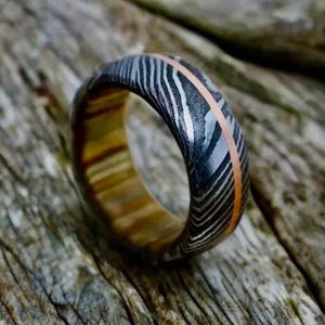 Damascus Steel Whiskey Barrel Steel Rings Wood Inlay Engagement Ring Wedding Band Wedding Band Damascus Steel Rings Wood Wedding Ring