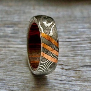 Damascus Steel Whiskey Barrel Steel Rings Wood Wedding Ring Wood Inlay Engagement Ring Wedding Band Wedding Band Damascus Steel Rings