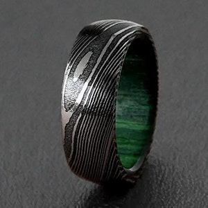 Damascus Steel Ring Whiskey Barrel Ring Wood Inlay Engagement  Ring Wood Wedding Ring l Wedding Band Whiskey Barrel Steel Rings Gift For Him