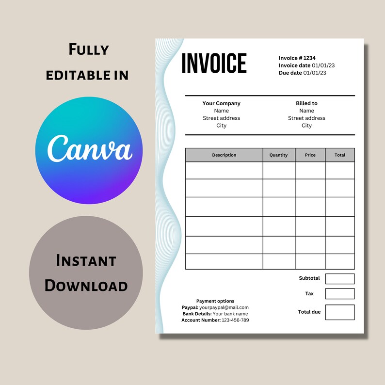 Invoice Template Canva / Modern Billing Form / Editable / Instant ...