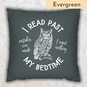May include: A dark grey throw pillow with white text that reads "I read past mistakes were made I regret nothing my bedtime" and a white illustration of an owl perched on a branch.