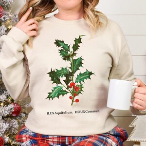 Holly Vintage Botanical Illustration Christmas Sweatshirt, Cottage Core Festive Yule Shirt, Light Academia Winter Floral Sweater