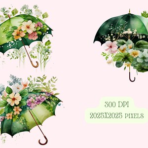 Może przedstawiać: Trzy akwarelowe ilustracje zielonych parasolek z kwiatowymi kompozycjami. Parasolki są ozdobione r&oacute;żnymi kwiatami, w tym r&oacute;żowymi, białymi i ż&oacute;łtymi kwiatami, a także zielonymi liśćmi. Ilustracje są umieszczone na jasnor&oacute;żowym tle.