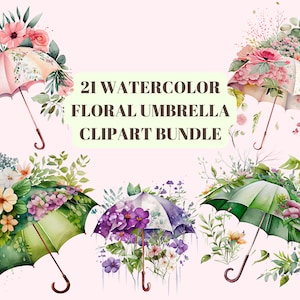 Może przedstawiać: Zestaw 21 obraz&oacute;w clipart z kwiatowymi parasolkami w akwareli. Parasolki są ozdobione r&oacute;żnymi kwiatami, liśćmi i zielenią w odcieniach r&oacute;żowego, zielonego, fioletowego i białego. Tekst "21 WATERCOLOR FLORAL UMBRELLA CLIPART BUNDLE" jest wyświetlany w środku obrazu.