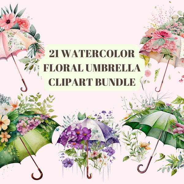 Summer Garden Floral Umbrella Clipart Bundle - Colorful Watercolor Umbrella Clipart Set - Elegant Watercolor Umbrella PNG set