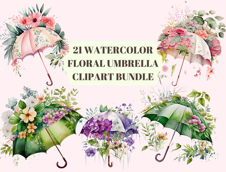 Może przedstawiać: Zestaw 21 obraz&oacute;w clipart z kwiatowymi parasolkami w akwareli. Parasolki są ozdobione r&oacute;żnymi kwiatami, liśćmi i zielenią w odcieniach r&oacute;żowego, zielonego, fioletowego i białego. Tekst "21 WATERCOLOR FLORAL UMBRELLA CLIPART BUNDLE" jest wyświetlany w środku obrazu.
