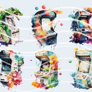Retro Arcade Game Watercolor Clipart Set of 17 PNG Files - Cosmic ...