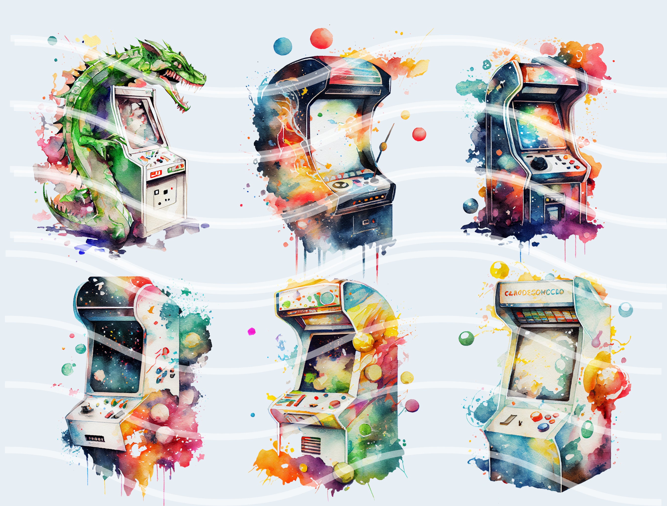 Retro Arcade Game Watercolor Clipart Set of 17 PNG Files Cosmic Arcade ...