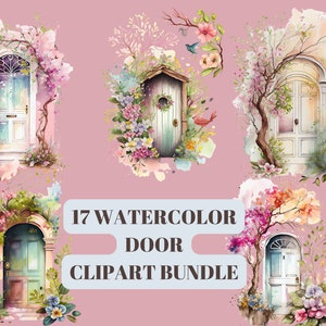 Fresh and Colorful Spring Watercolor Door Clipart for DIY Projects