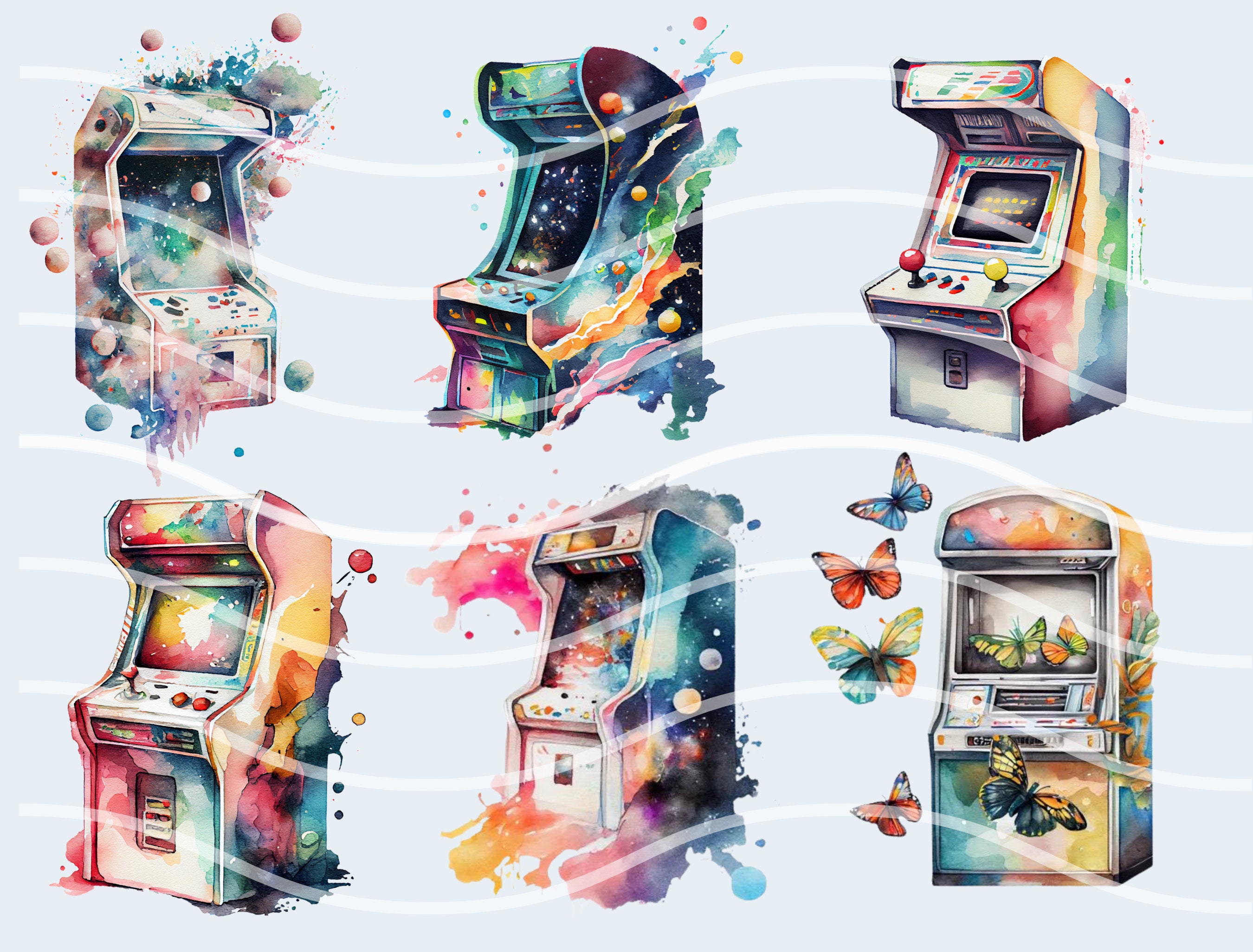 Retro Arcade Game Watercolor Clipart Set of 17 PNG Files Cosmic Arcade ...