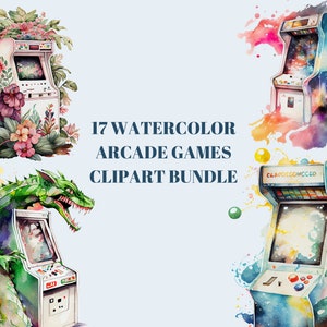 Retro Arcade Game Watercolor Clipart Set of 17 PNG Files - Cosmic ...