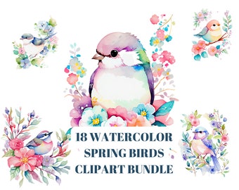Ćwierkające piękności – pakiet akwarelowych clipartów z ptakami wiosennymi do dziennika śmieciowego – 18 plików PNG