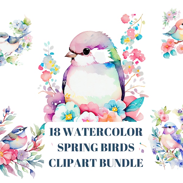 Chirping Beauties - Spring Birds Watercolor Clipart Bundle for Junk Journaling - 18 PNG files