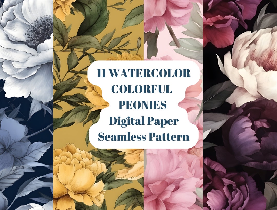 Colorful Watercolor Peony Digital Paper Set - 11 Seamless Floral ...