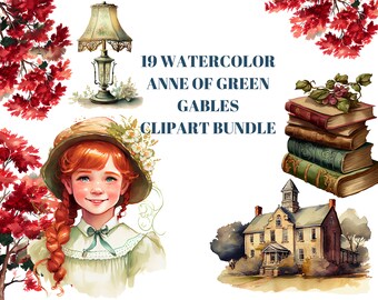 Zestaw clipartów „Ania z Zielonego Wzgórza” – ilustracje akwarelowe w stylu vintage (do pobrania w wersji cyfrowej)
