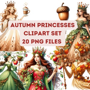 Autumn Princess Clipart PNG Bundle: 20-piece Set Watercolor ...