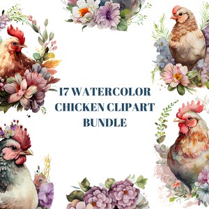 Amigos emplumados: Colección de imágenes prediseñadas de pollo acuarela - Imágenes prediseñadas de animales de granja - 17 archivos PNG